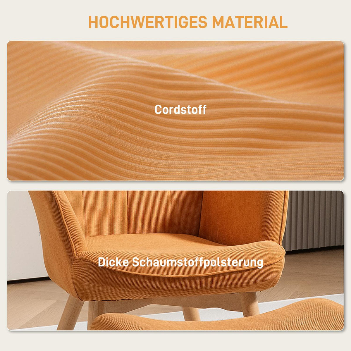 Armchair with Stool, High Back Wing Chair, Wooden Legs, Tufted Design Corduroy Look Lounge Chair for Living Room, Brown