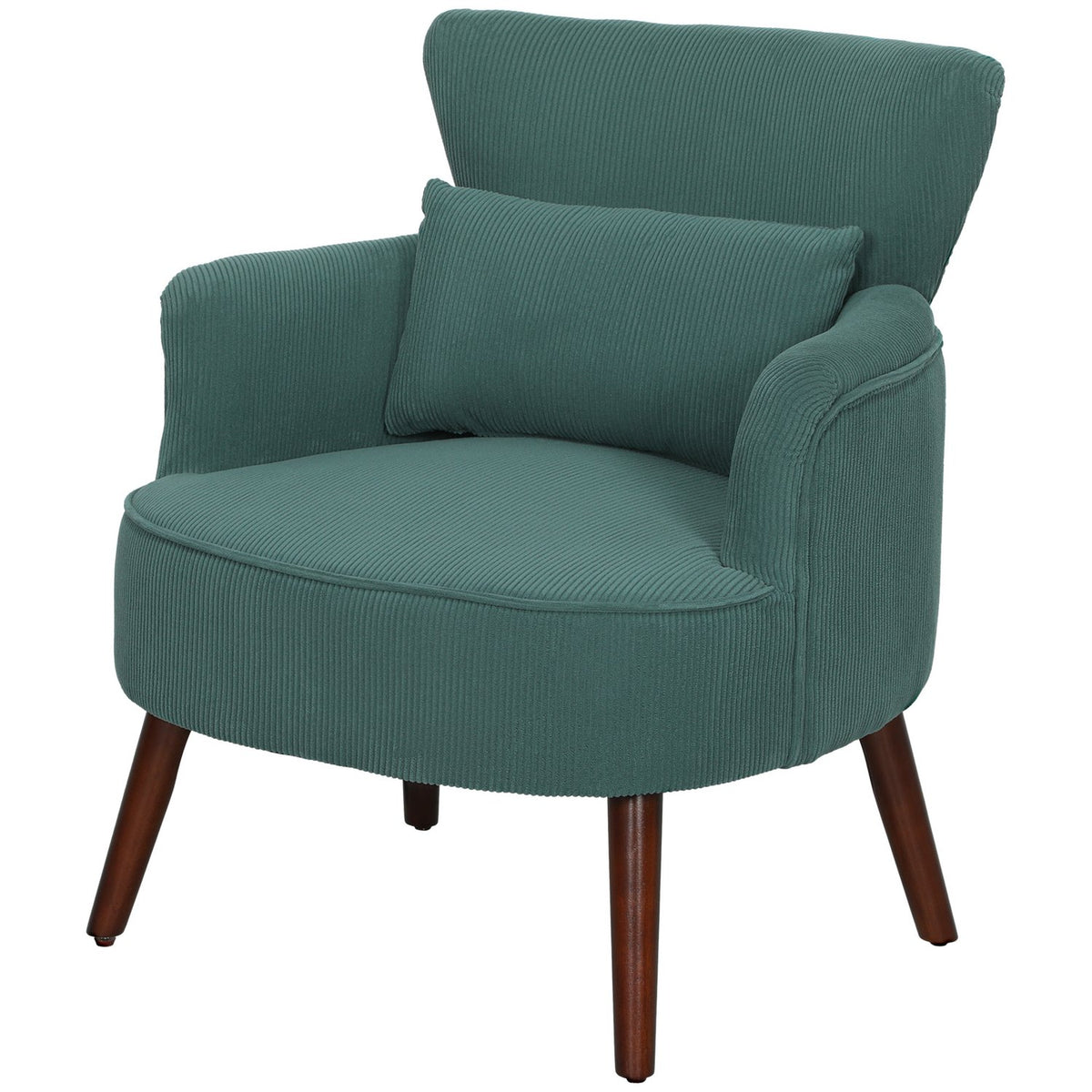 Armchair with backrest, rounded armrests, upholstered lounge chair with cord look, wooden legs, for bedroom, living room, up to 120 kg, dark green