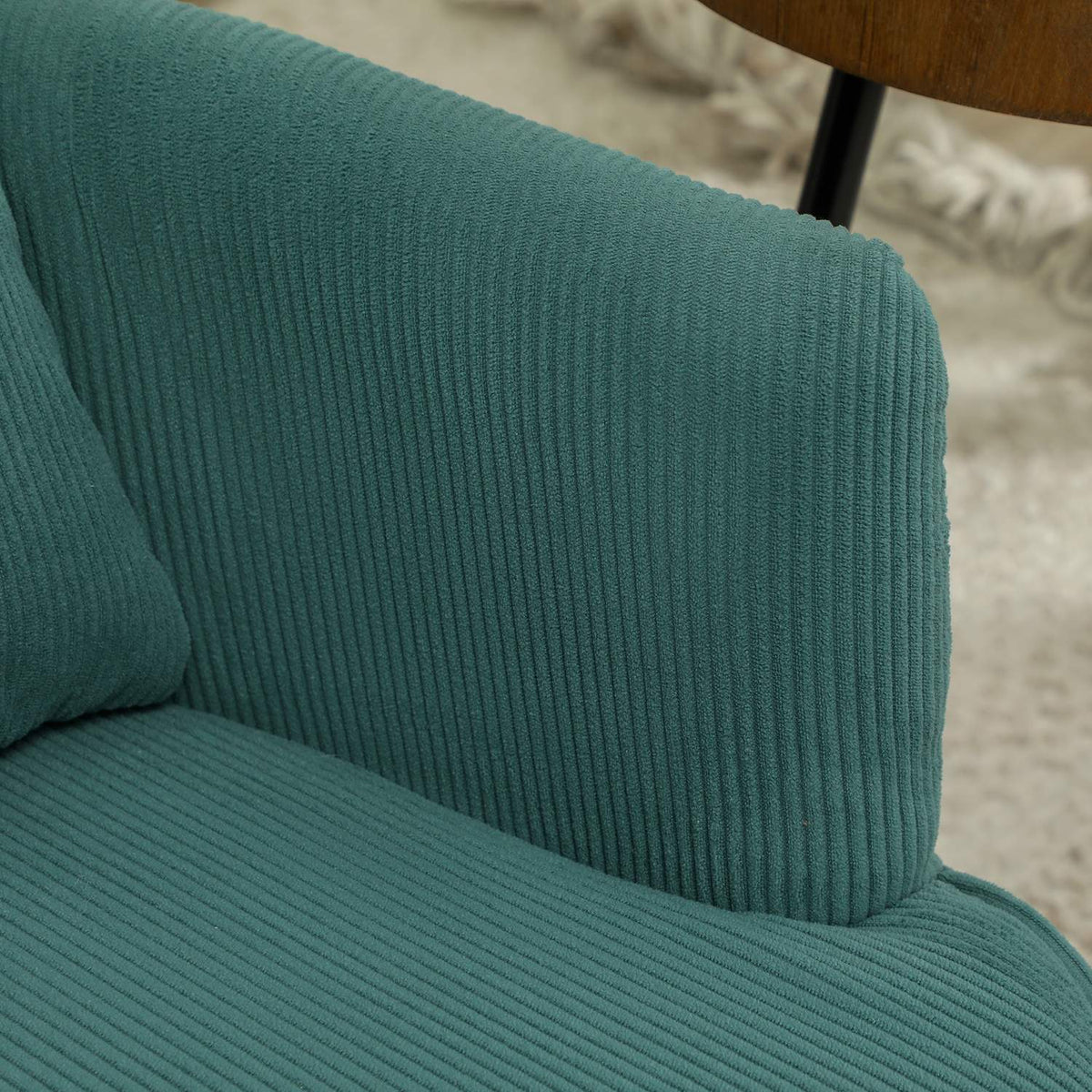 Armchair with backrest, rounded armrests, upholstered lounge chair with cord look, wooden legs, for bedroom, living room, up to 120 kg, dark green