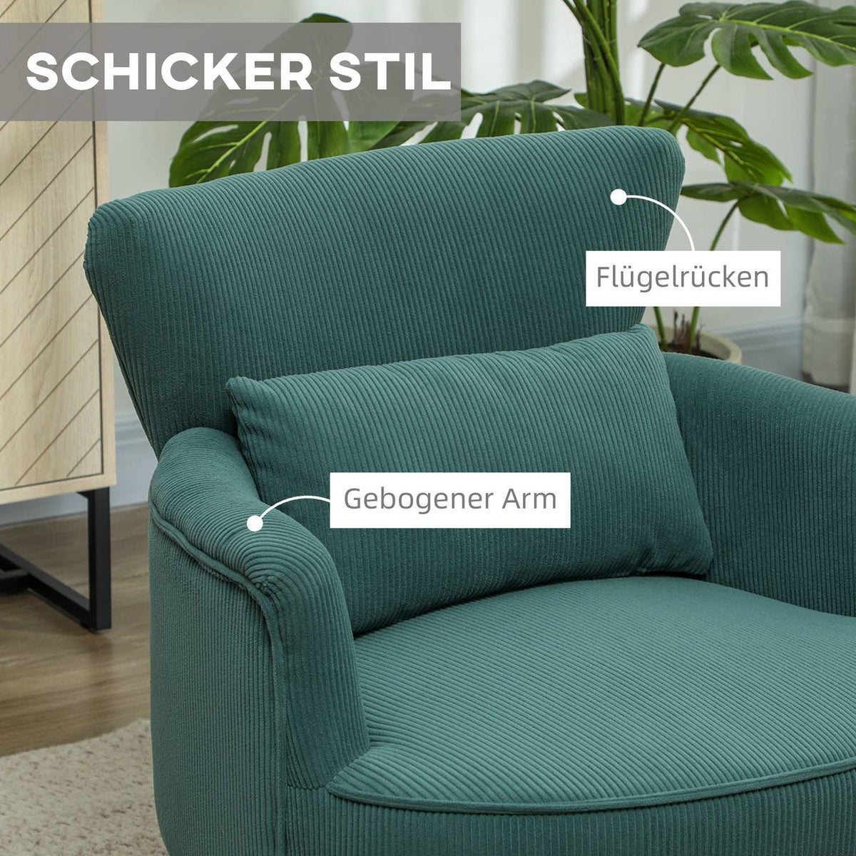 Armchair with backrest, rounded armrests, upholstered lounge chair with cord look, wooden legs, for bedroom, living room, up to 120 kg, dark green
