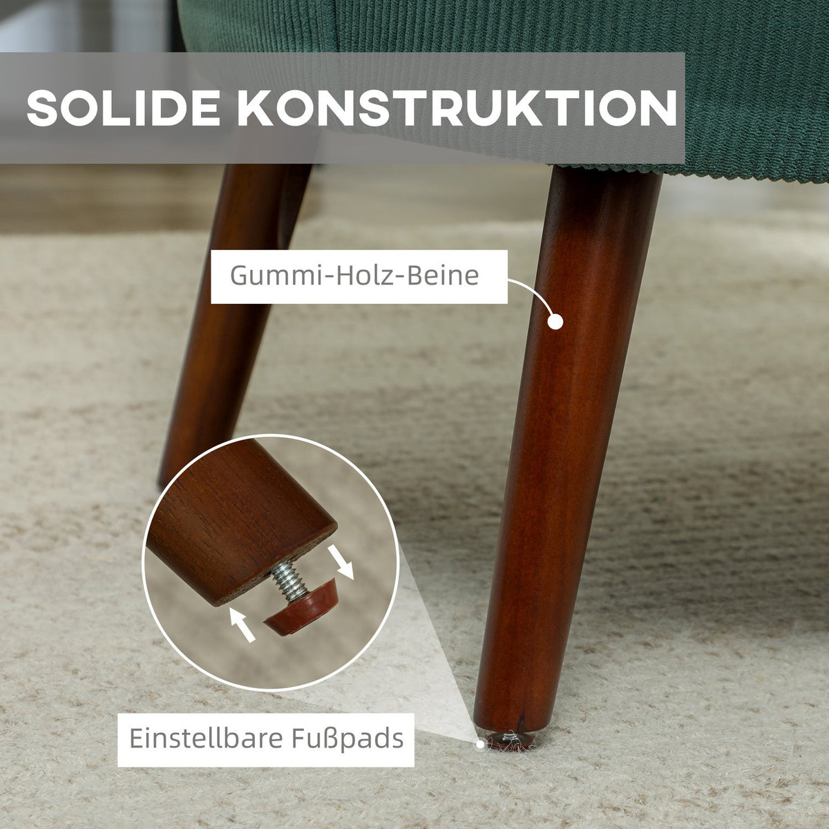 Armchair with backrest, rounded armrests, upholstered lounge chair with cord look, wooden legs, for bedroom, living room, up to 120 kg, dark green