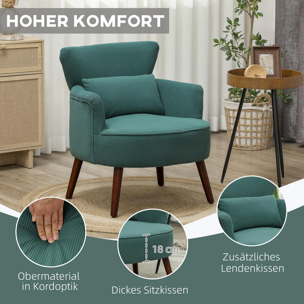 Armchair with backrest, rounded armrests, upholstered lounge chair with cord look, wooden legs, for bedroom, living room, up to 120 kg, dark green