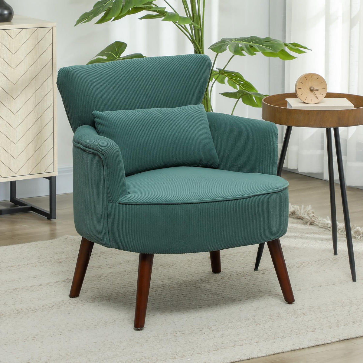 Armchair with backrest, rounded armrests, upholstered lounge chair with cord look, wooden legs, for bedroom, living room, up to 120 kg, dark green