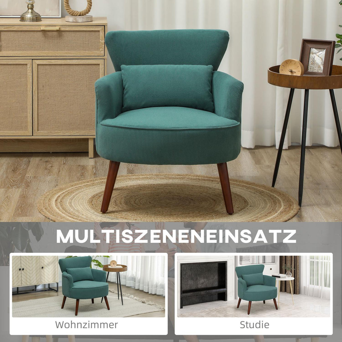 Armchair with backrest, rounded armrests, upholstered lounge chair with cord look, wooden legs, for bedroom, living room, up to 120 kg, dark green