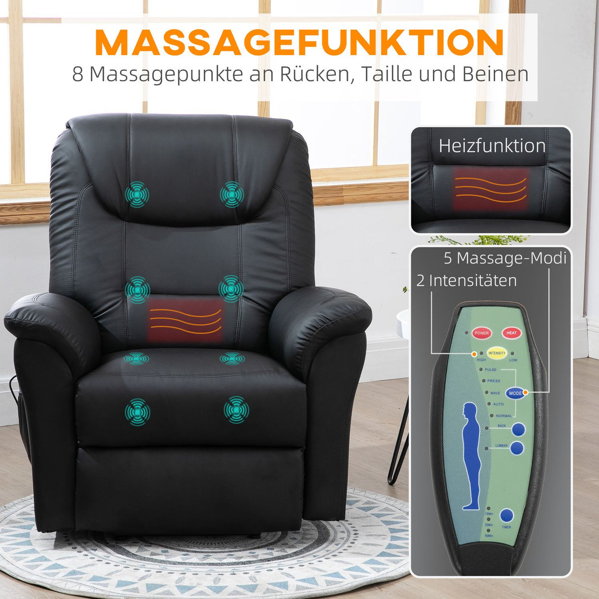 Armchair with stand-up aid, adjustable relaxation armchair, electric massage armchair with heating function, TV armchair with remote control
