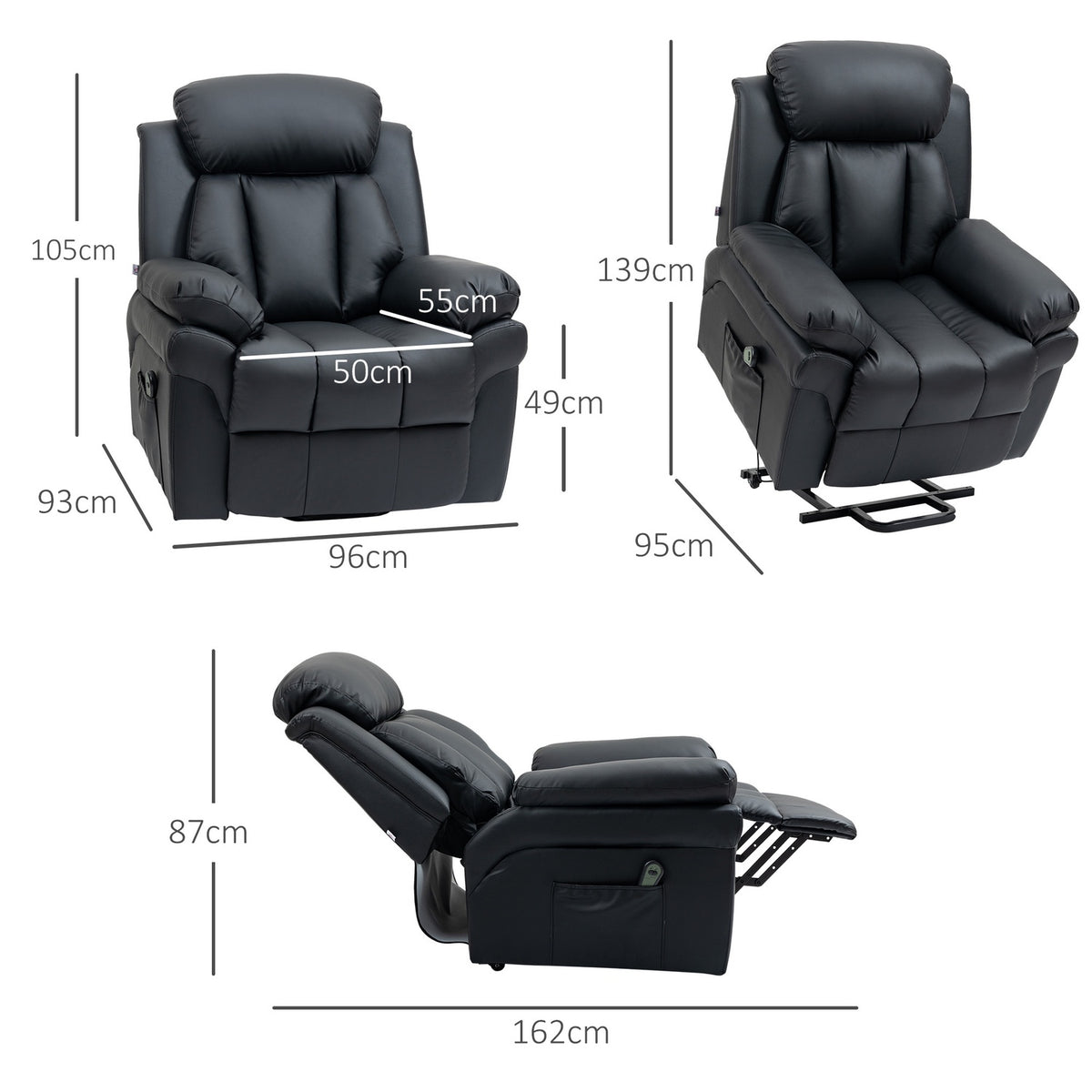 Armchair with stand-up aid, electric recliner, reclining TV armchair with remote control, TV armchair, faux leather, black