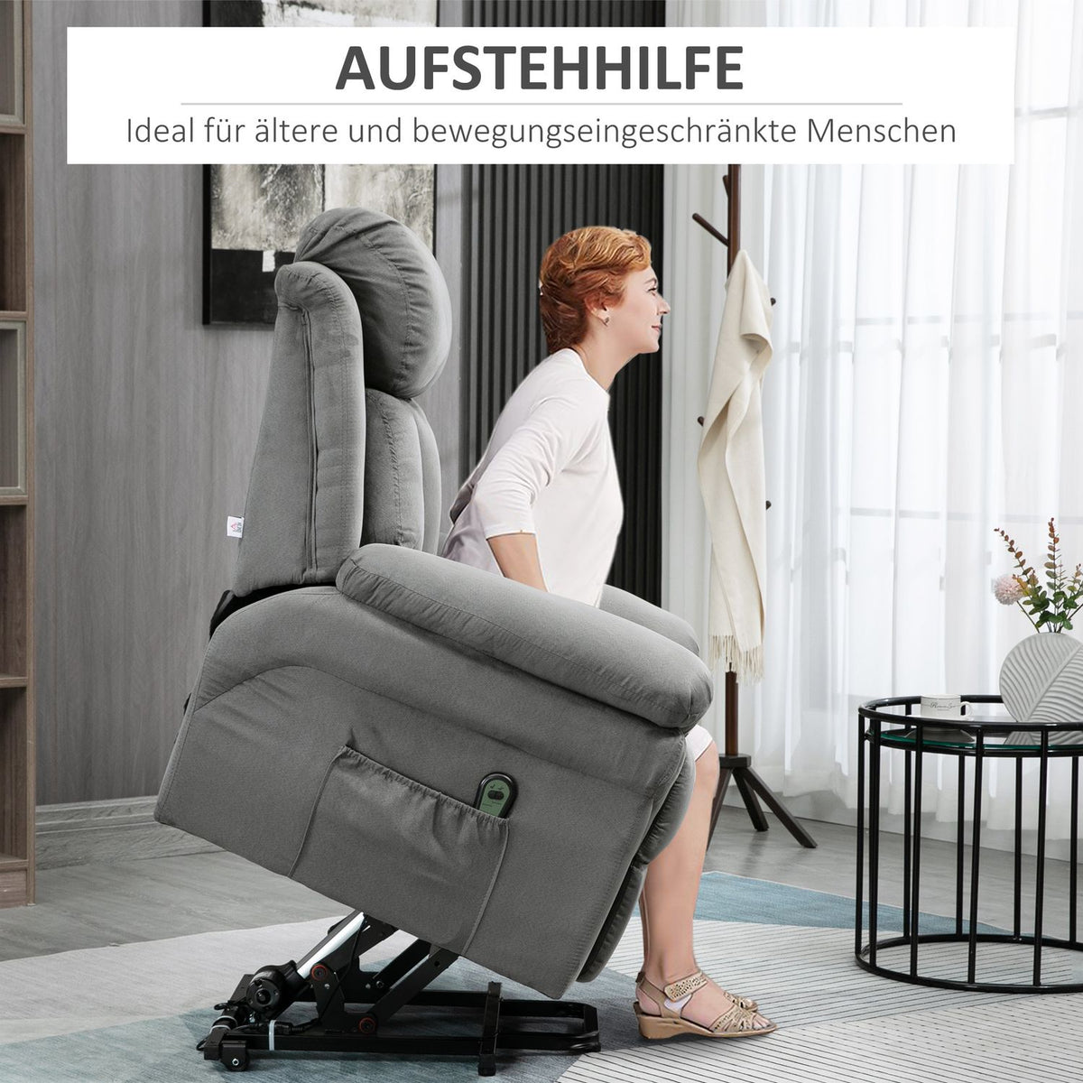Armchair with stand-up aid, electric relaxation armchair, tilting TV armchair, television armchair, cinema armchair, faux leather, light grey