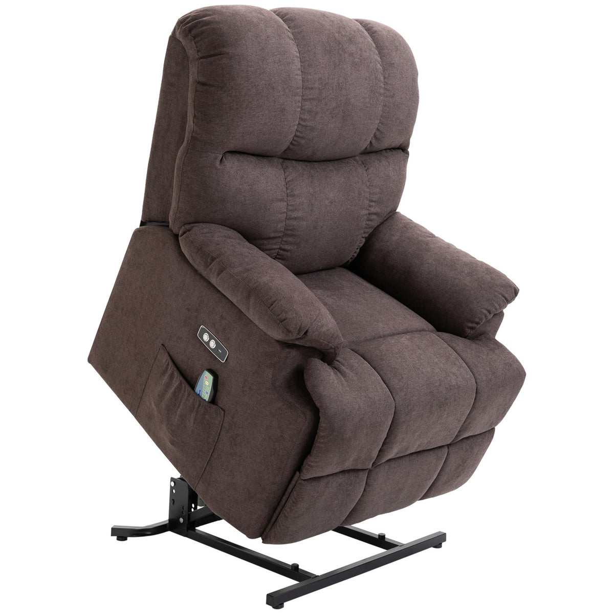 Armchair with stand-up aid, massage chair, relaxation chair with USB port, remote control, side pocket, velvet look, dark brown