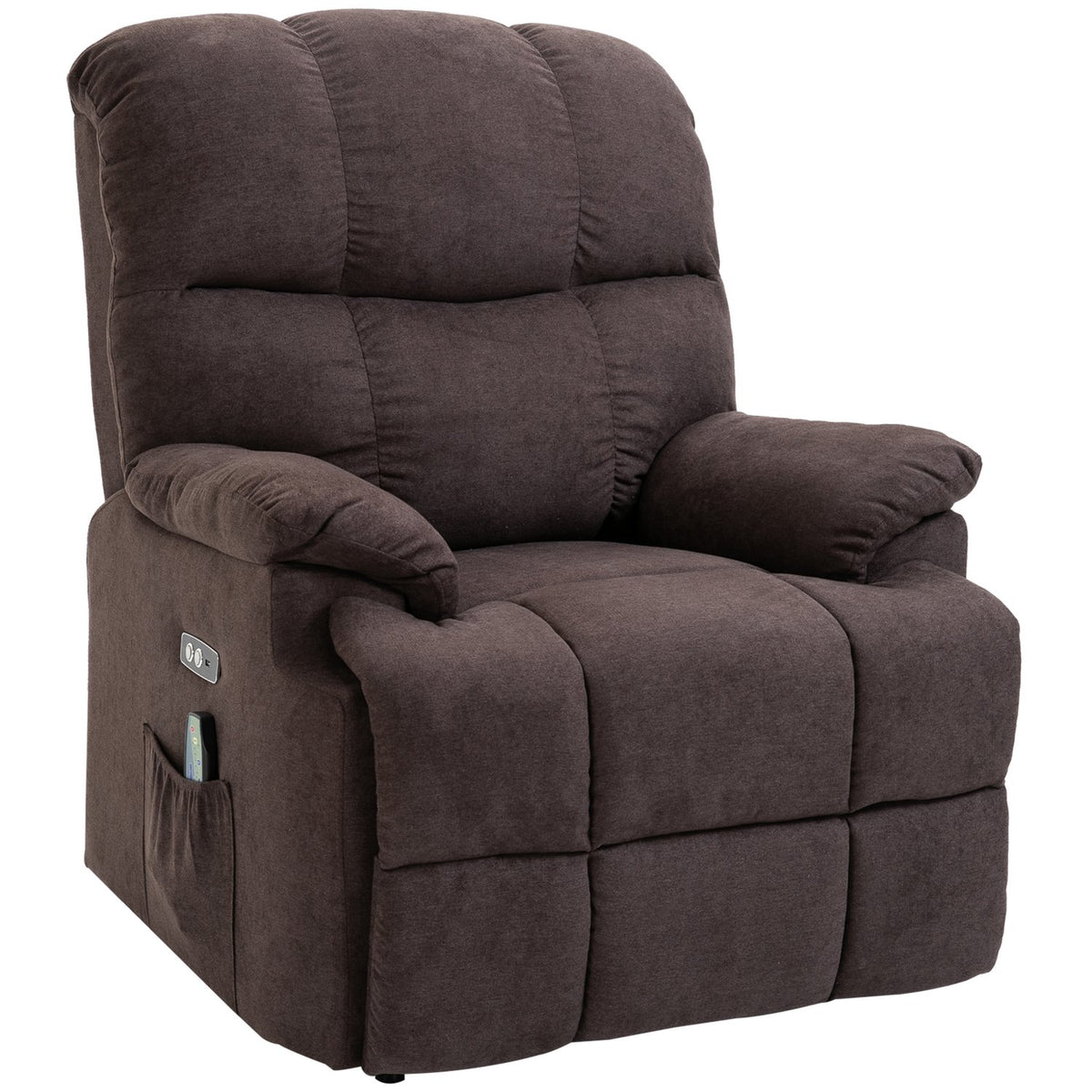 Armchair with stand-up aid, massage chair, relaxation chair with USB port, remote control, side pocket, velvet look, dark brown