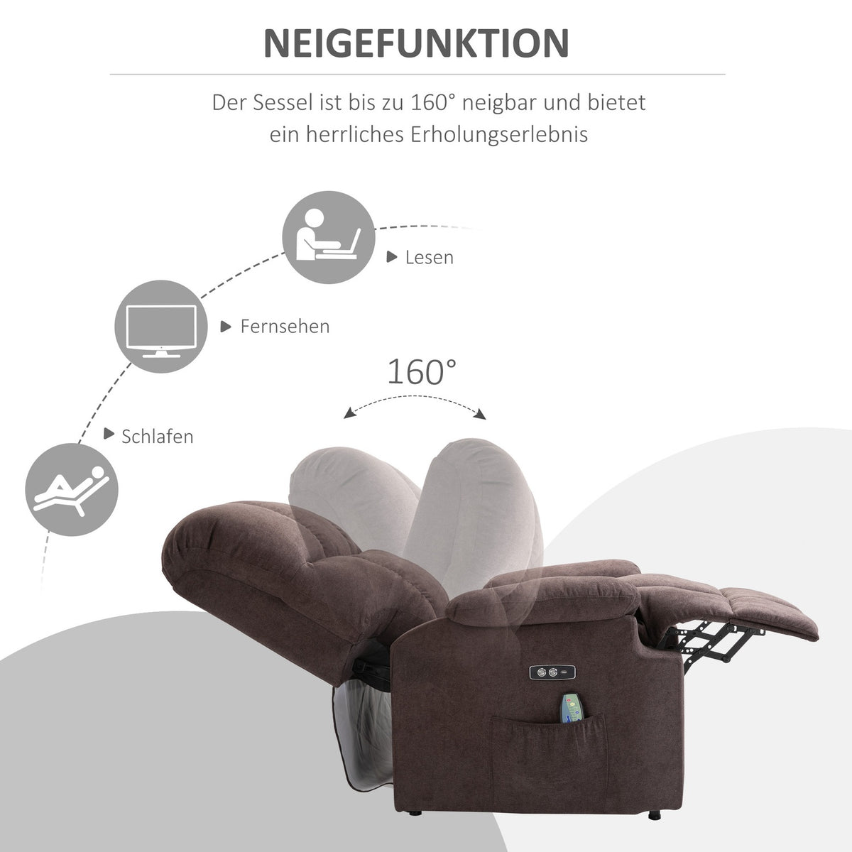 Armchair with stand-up aid, massage chair, relaxation chair with USB port, remote control, side pocket, velvet look, dark brown