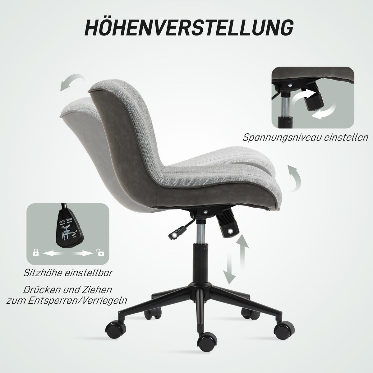 Armless Office Chair, Adjustable Height, Swivel, Grey