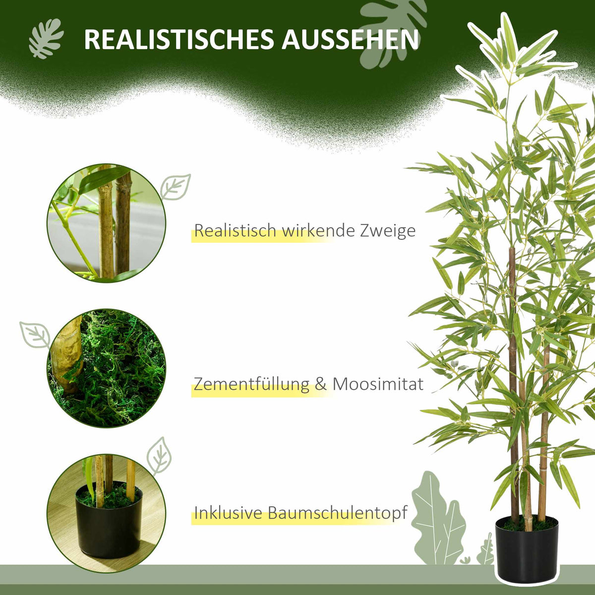 Artificial Bamboo Plant Set, 3 Stems, 120 cm, Green