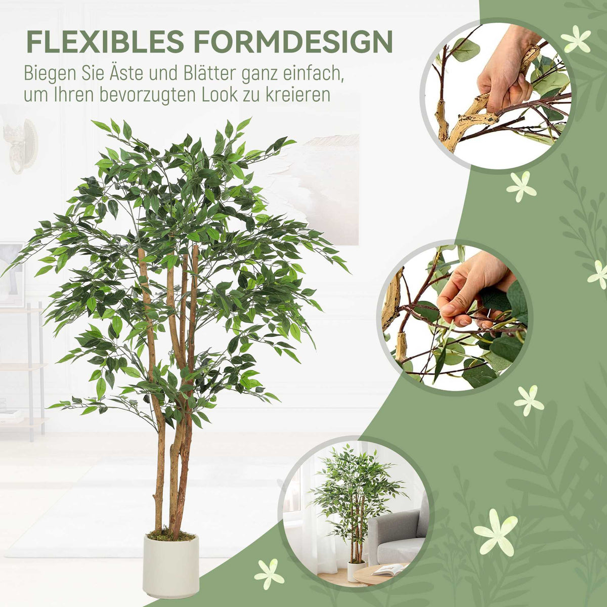 Artificial Banyan Tree 150 cm, Wood Trunk, White Pot