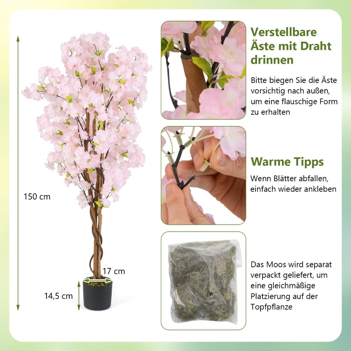 Artificial Cherry Blossom Tree Set, 150cm, Pink, 2-Pack