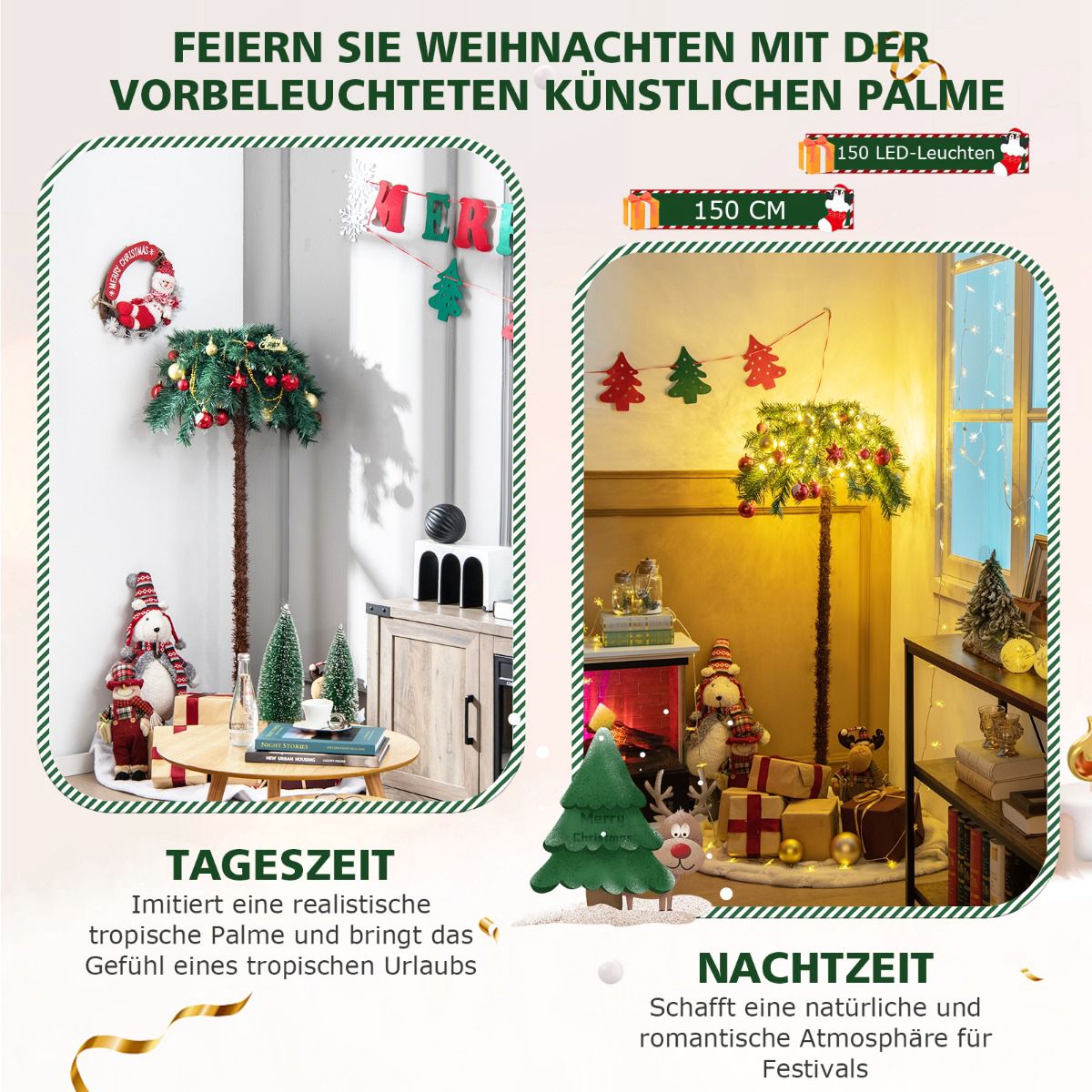 Artificial Christmas Palm Tree 150 cm, 150 Warm White LEDs