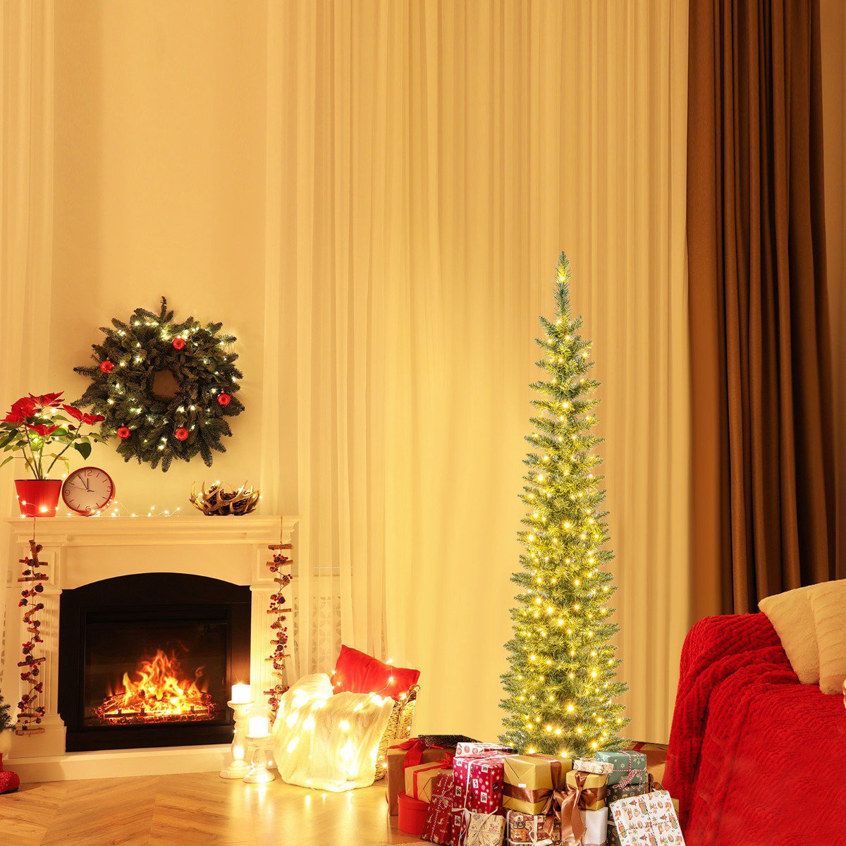 Artificial Christmas Tree 150cm, Pre-Lit 150 LEDs, Slim