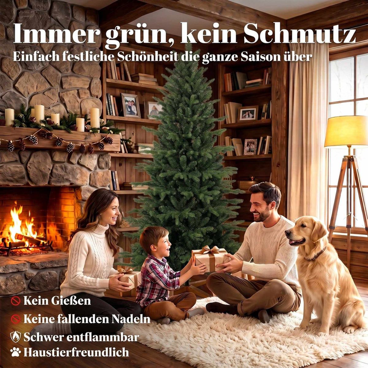 Artificial Christmas Tree, 180 cm, Hinged Branches, Wood Stand
