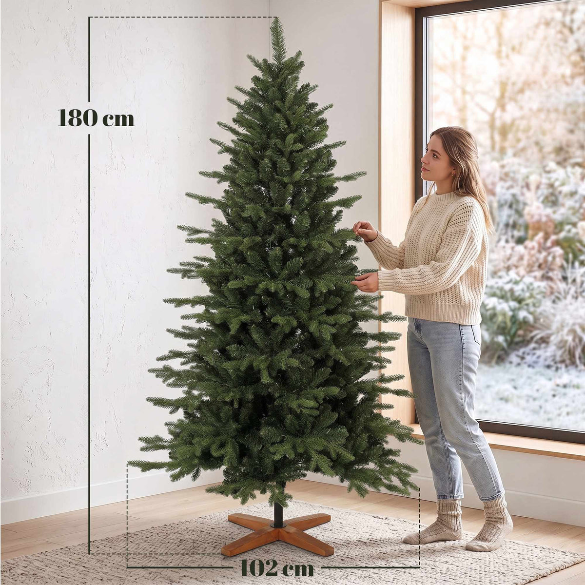 Artificial Christmas Tree, 180 cm, Hinged Branches, Wood Stand