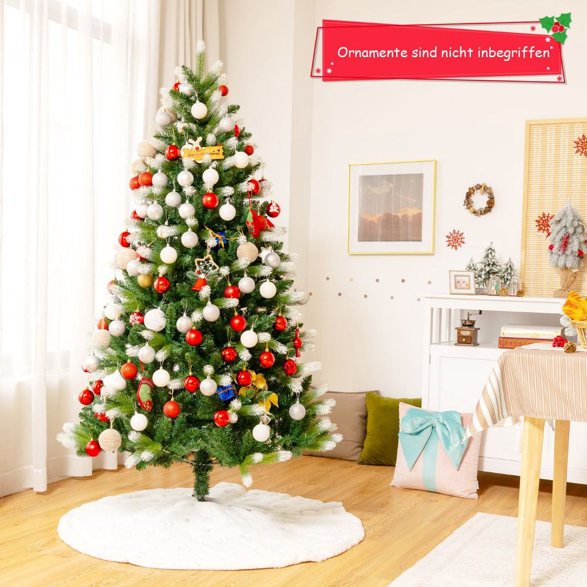 Artificial Christmas Tree 180 cm, White Tips, Metal Stand