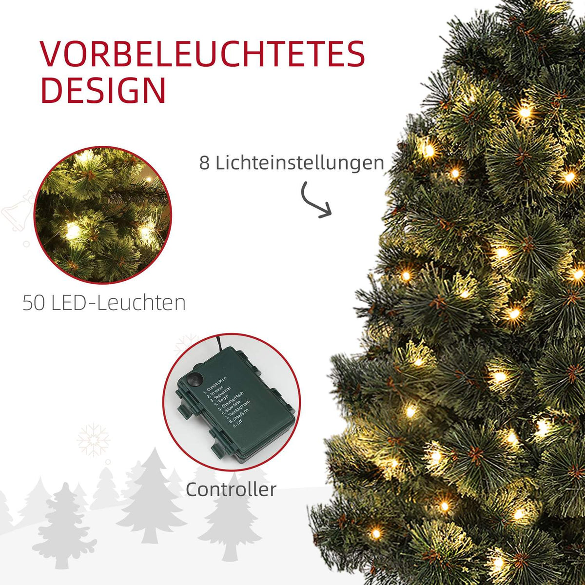 Artificial Christmas Tree with LED Lights, 90cm Christmas Tree with Remote Control, 8 Light Modes, for Christmas Decoration, Indoor, Green