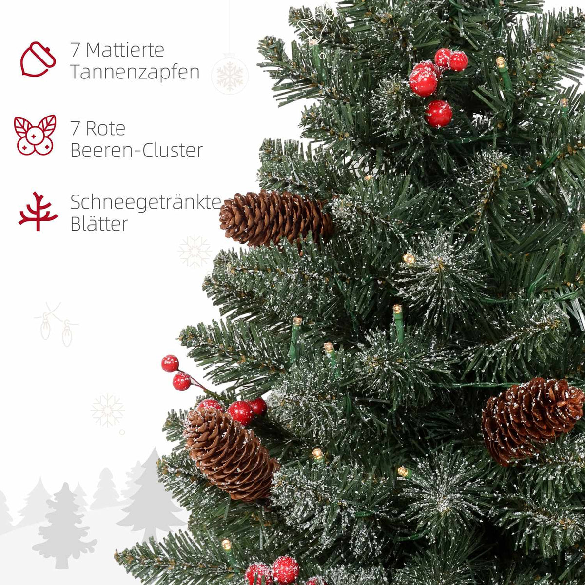 Artificial Christmas tree, 0.6 m Christmas tree with pine cones, 86 branch tips with 50 warm white LEDs, for Christmas parties, indoor, green + white