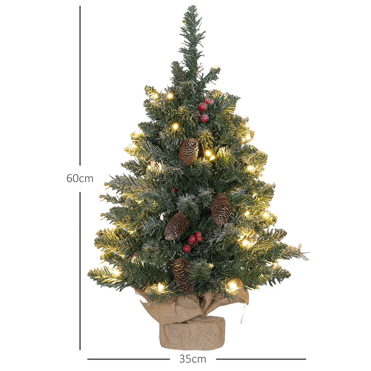 Artificial Christmas tree, 0.6 m Christmas tree with pine cones, 86 branch tips with 50 warm white LEDs, for Christmas parties, indoor, green + white