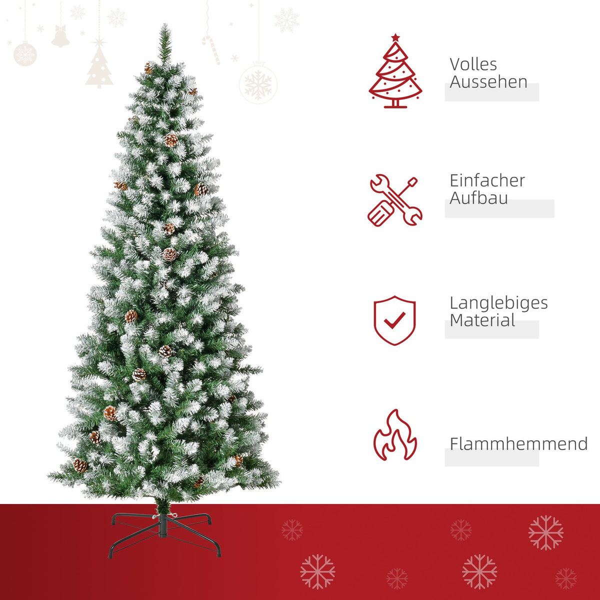 Artificial Christmas tree, 180 cm Christmas tree with artificial snow, 630 branch tips, foldable base, for Christmas parties, indoor, green + white