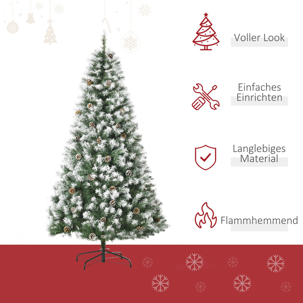 Artificial Christmas tree, 180 cm Christmas tree with artificial snow, 800 branch tips, foldable base, for Christmas parties, indoor, green + white