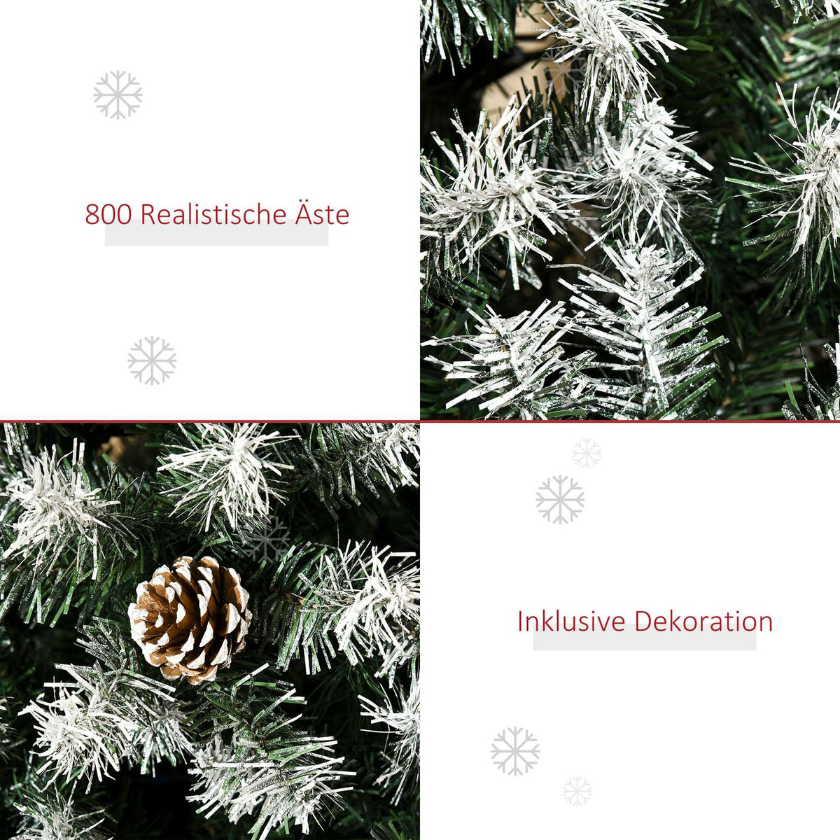 Artificial Christmas tree, 180 cm Christmas tree with artificial snow, 800 branch tips, foldable base, for Christmas parties, indoor, green + white