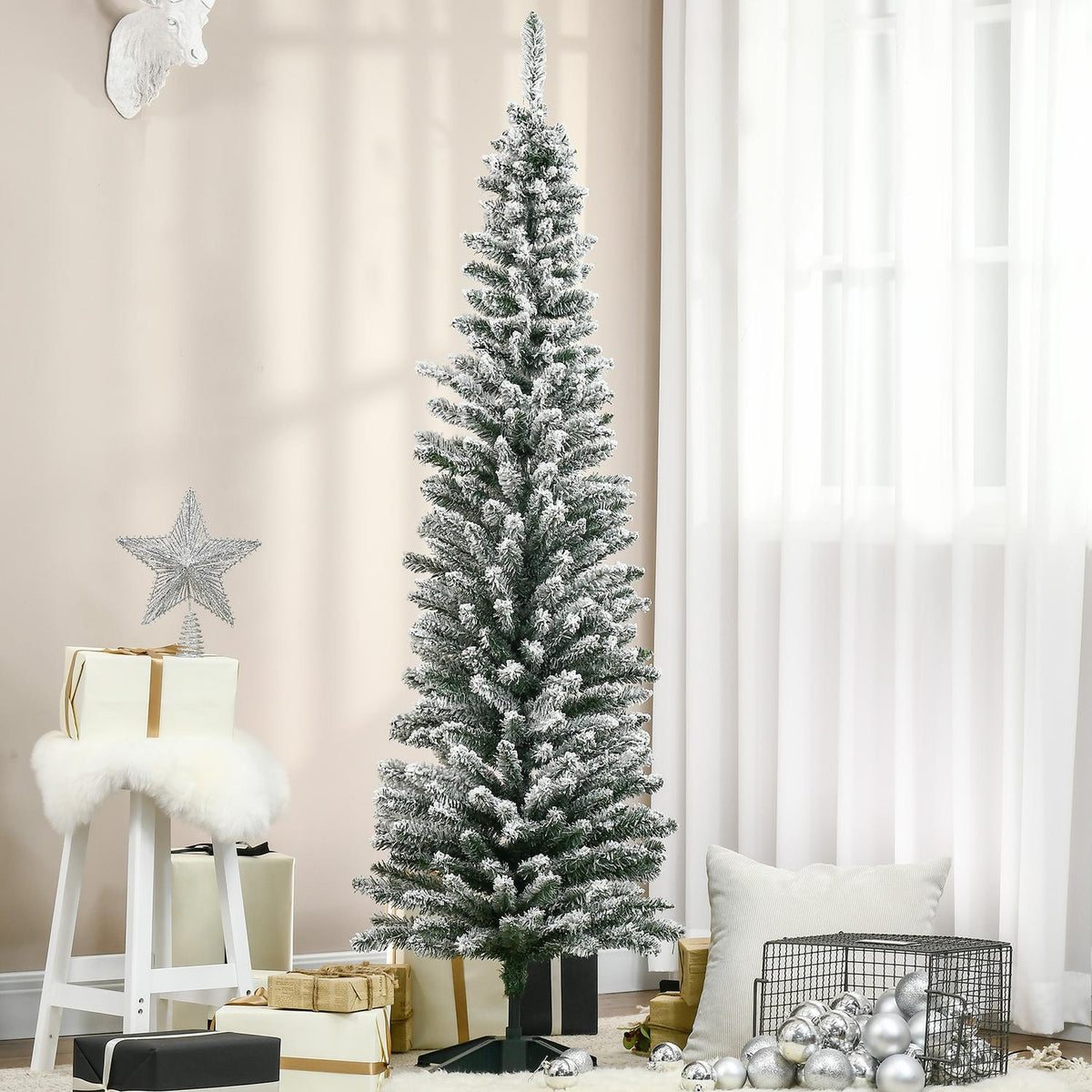 Artificial Christmas tree, 180 cm with artificial snow, with 390 branch tips, removable base, for Christmas parties, indoor, green