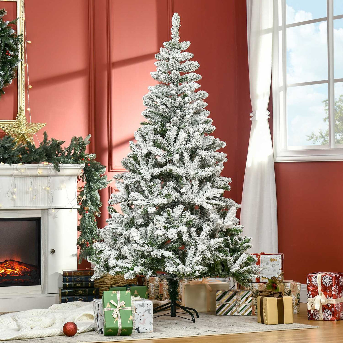 Artificial Christmas tree, 180 cm with artificial snow, with 750 branch tips, foldable base, for Christmas parties, indoor, green + white