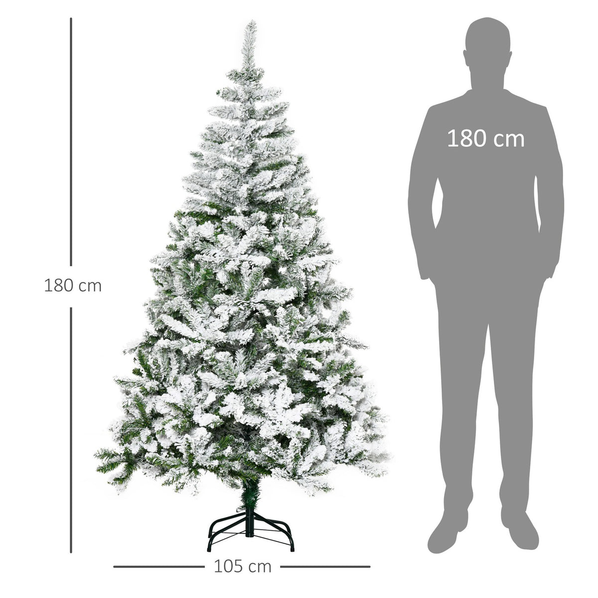 Artificial Christmas tree, 180 cm with artificial snow, with 750 branch tips, foldable base, for Christmas parties, indoor, green + white