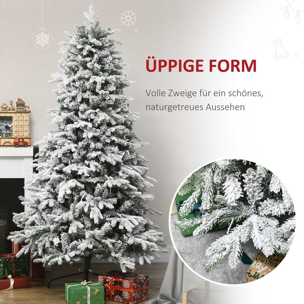 Artificial Christmas tree with light, 180 cm artificial fir with artificial snow, base, artificial Christmas tree with 888 branch tips for Christmas, indoor