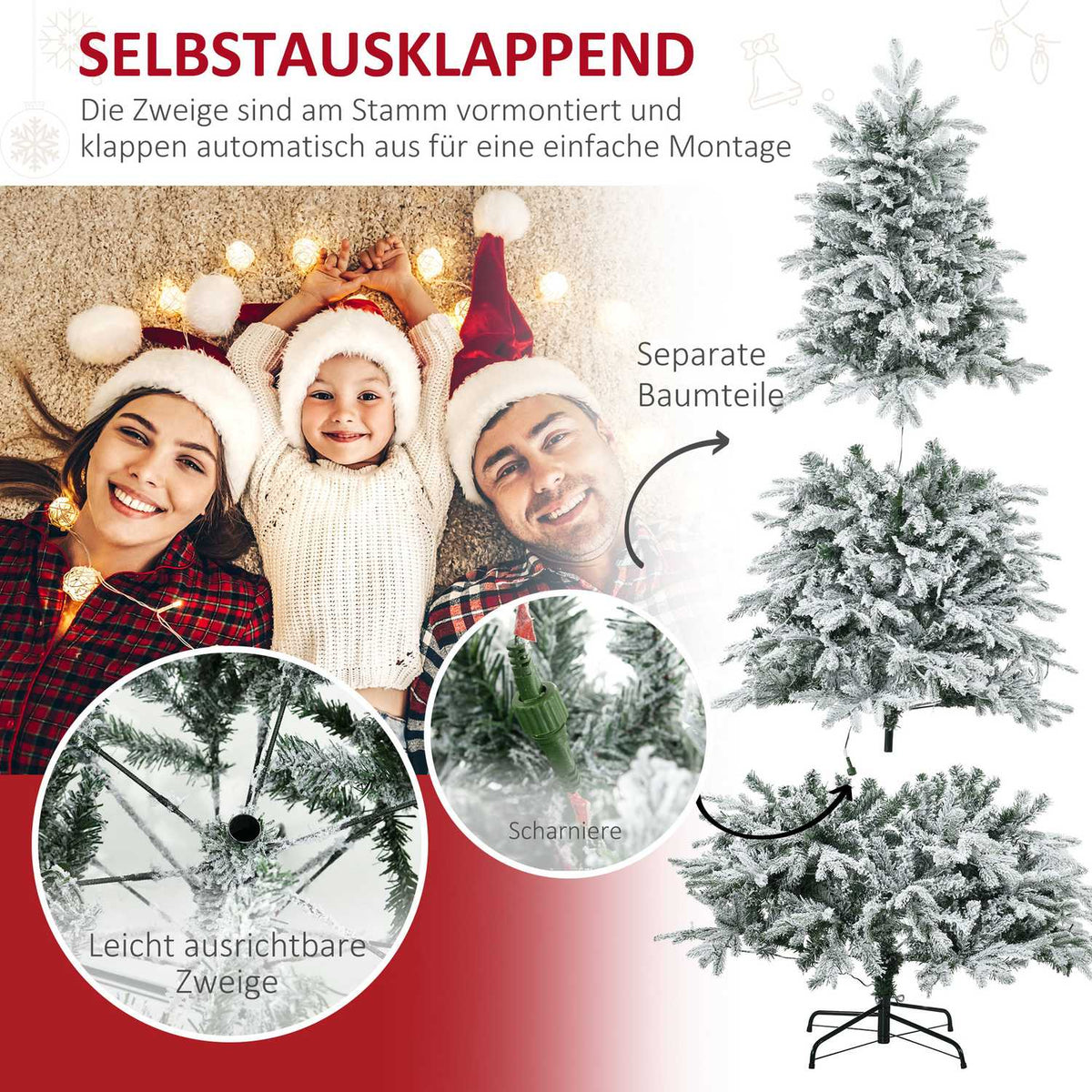 Artificial Christmas tree with light, 180 cm artificial fir with artificial snow, base, artificial Christmas tree with 888 branch tips for Christmas, indoor