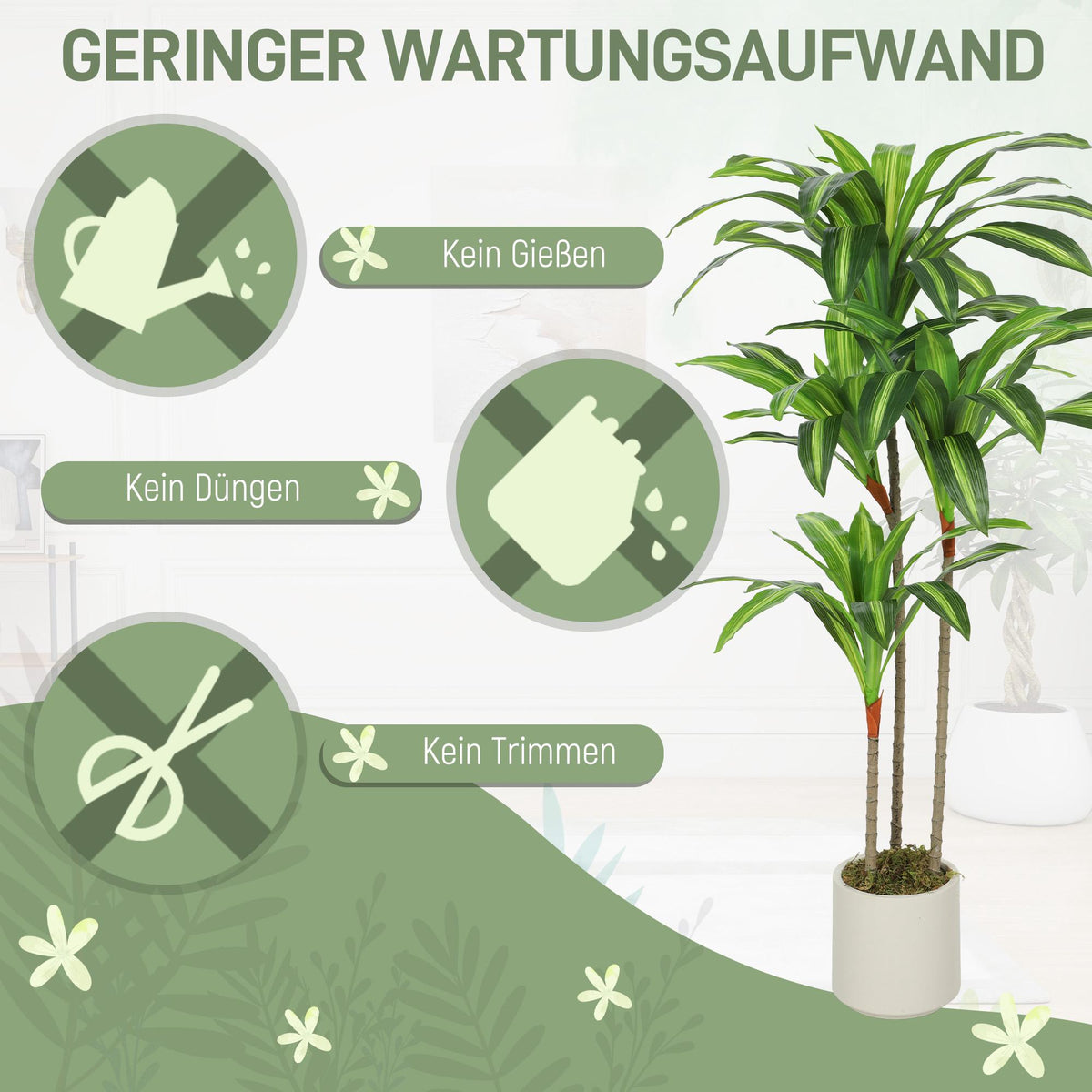 Artificial Dracaena Tree 120 cm, Flexible Trunks, White Pot