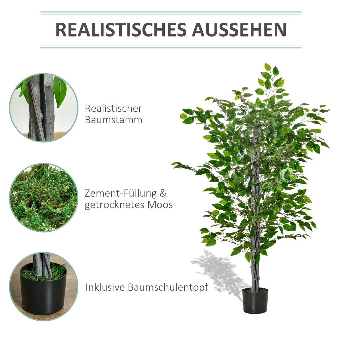 Artificial Ficus Tree Large 135 cm Artificial Plant, Plastic Artificial Plants Ficus in Pot, Artificial Tree Like Real with Cement, Artificial Grass for Living Room Bedroom Office Garden