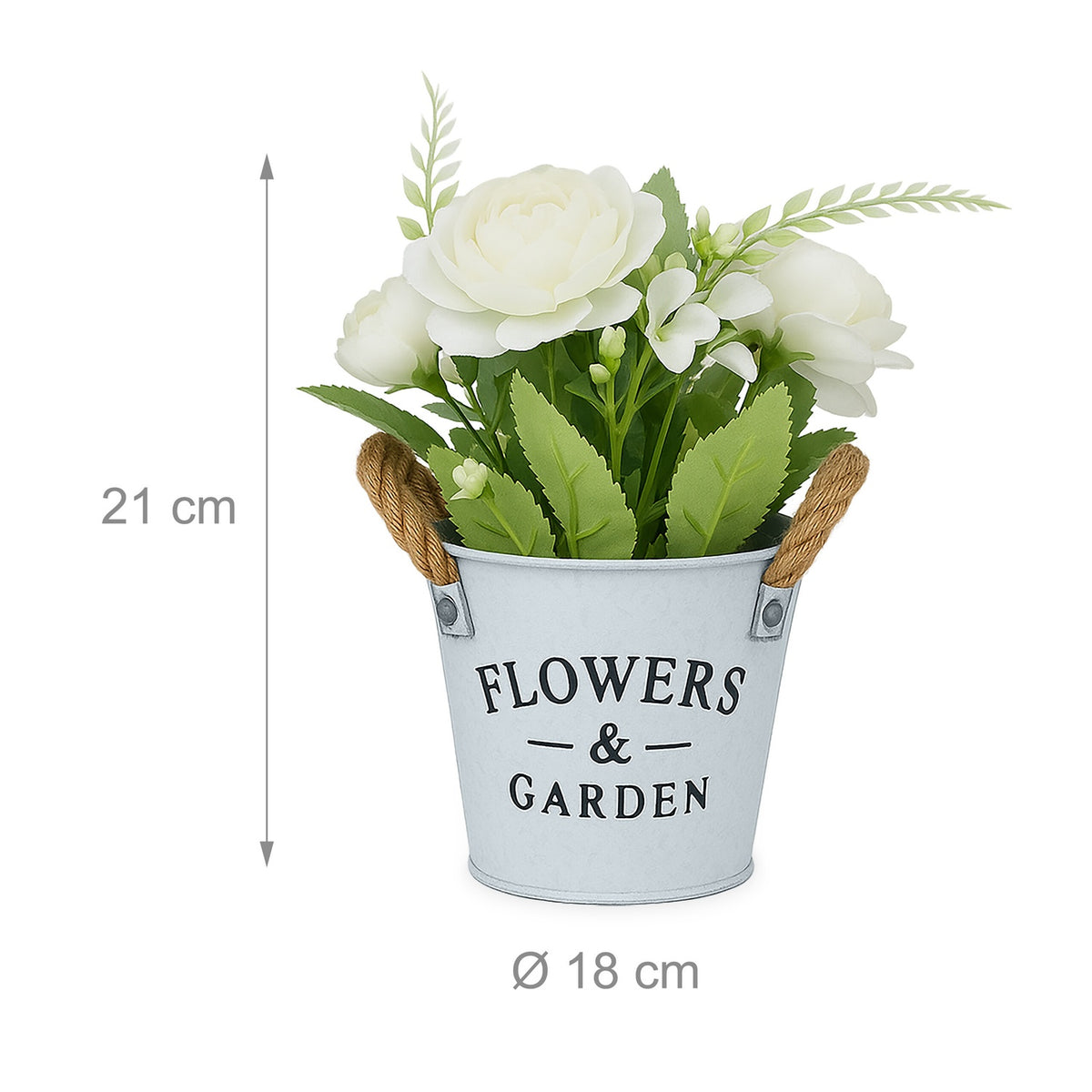 Artificial Flowers Set, 3 White Pots with Rope Handles
