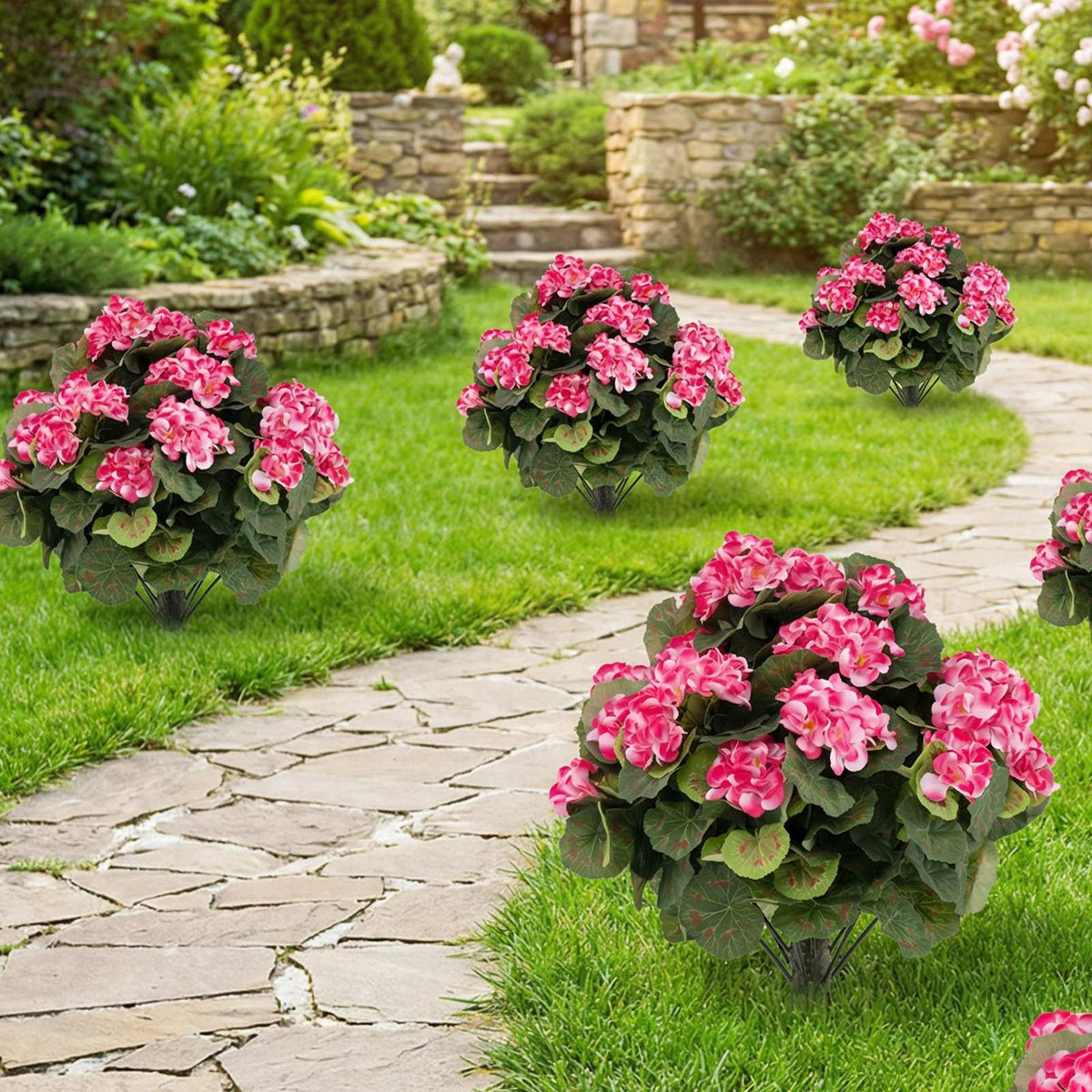 Artificial Geranium Plants, 2-Pack, Pink, Indoor/Outdoor