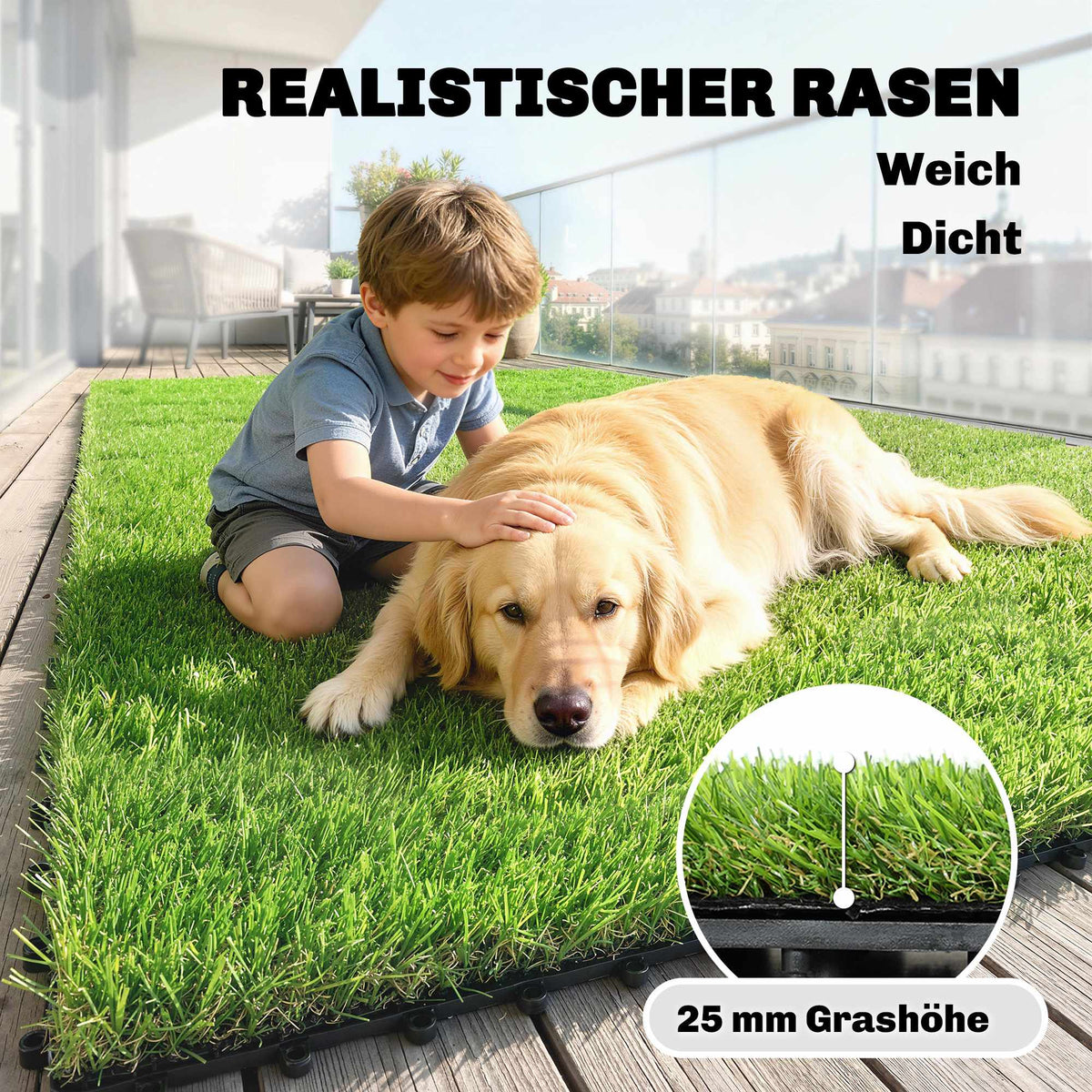 Artificial Grass Tiles Set, 22 Pieces, 30x30 cm, Drainage System