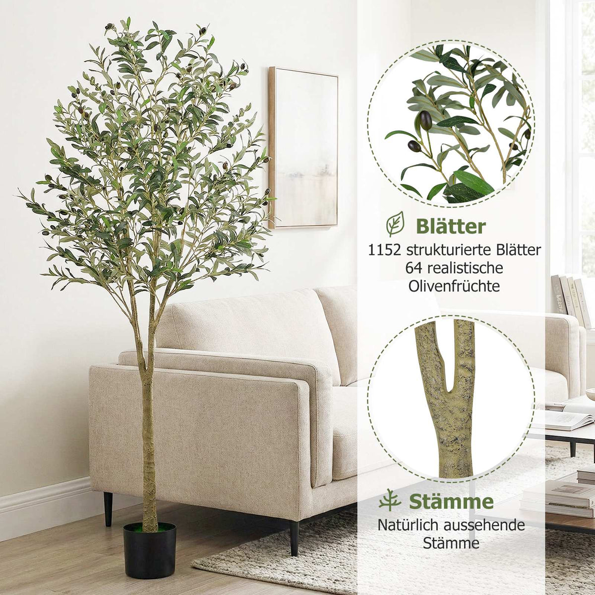 Artificial Olive Tree 180cm with Pot, 1296 Leaves, 72 Olives