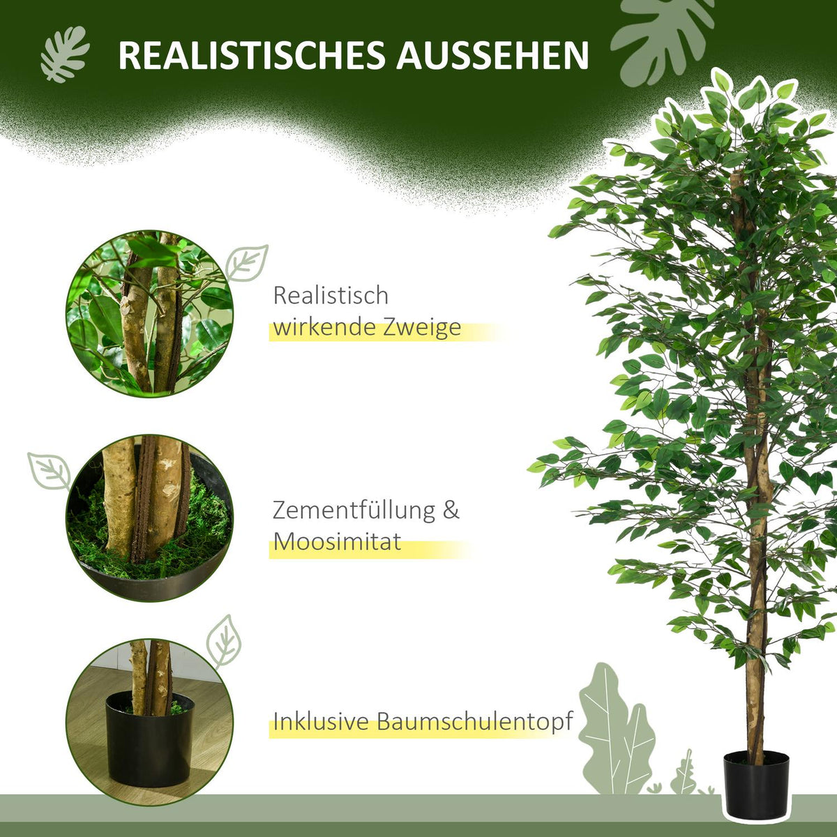 Artificial Plant, 180cm Artificial Plant with Planter, Artificial Moss, Artificial Ficus Artificial Tree, Houseplant for Living Room, Green