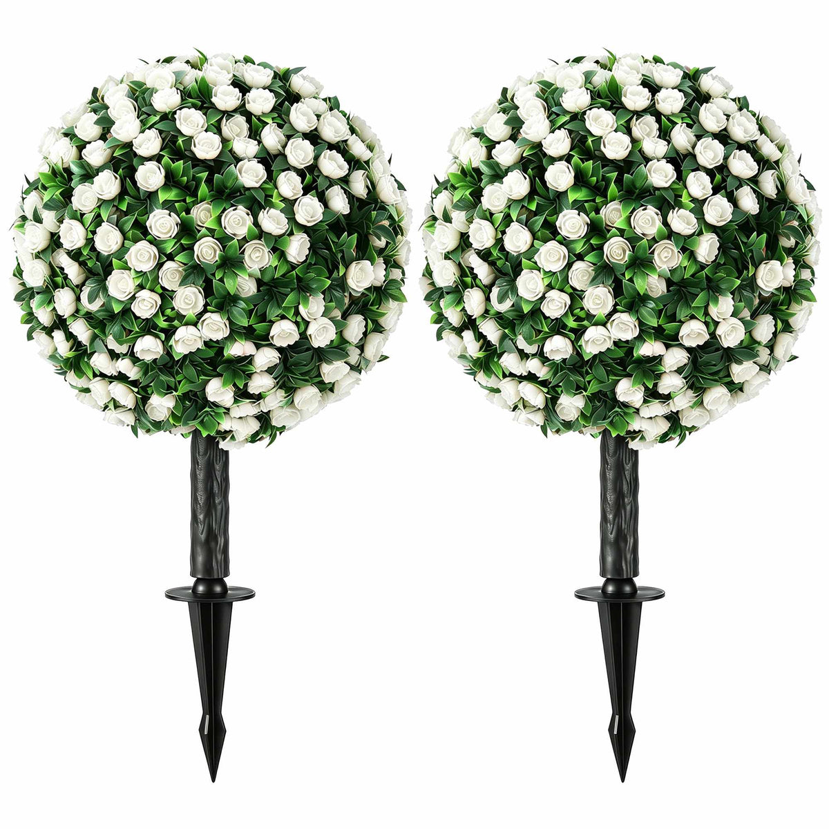 Artificial Rose Ball Topiary Stakes, 2-Pack, UV-Resistant, White