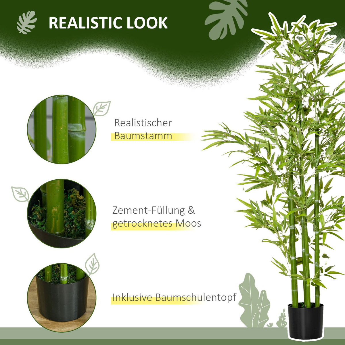 Artificial bamboo plant, 924 leaves, sturdy pot, artificial moss, plastic, green
