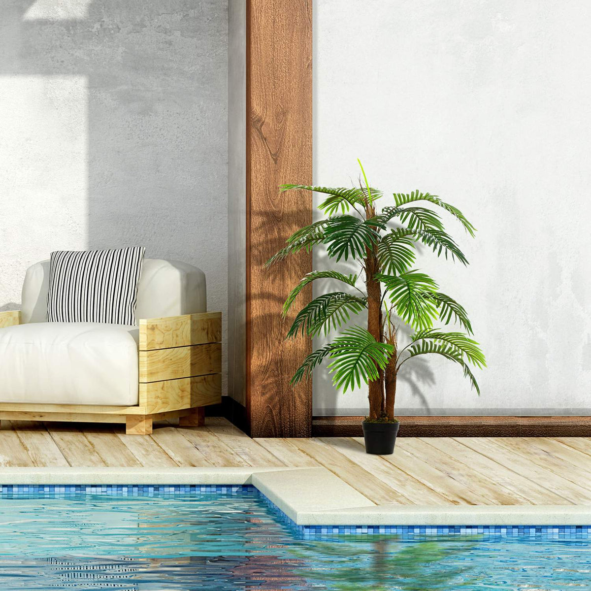 Artificial palm tree 120cm, lifelike artificial plant for indoor and outdoor use, in a plastic pot