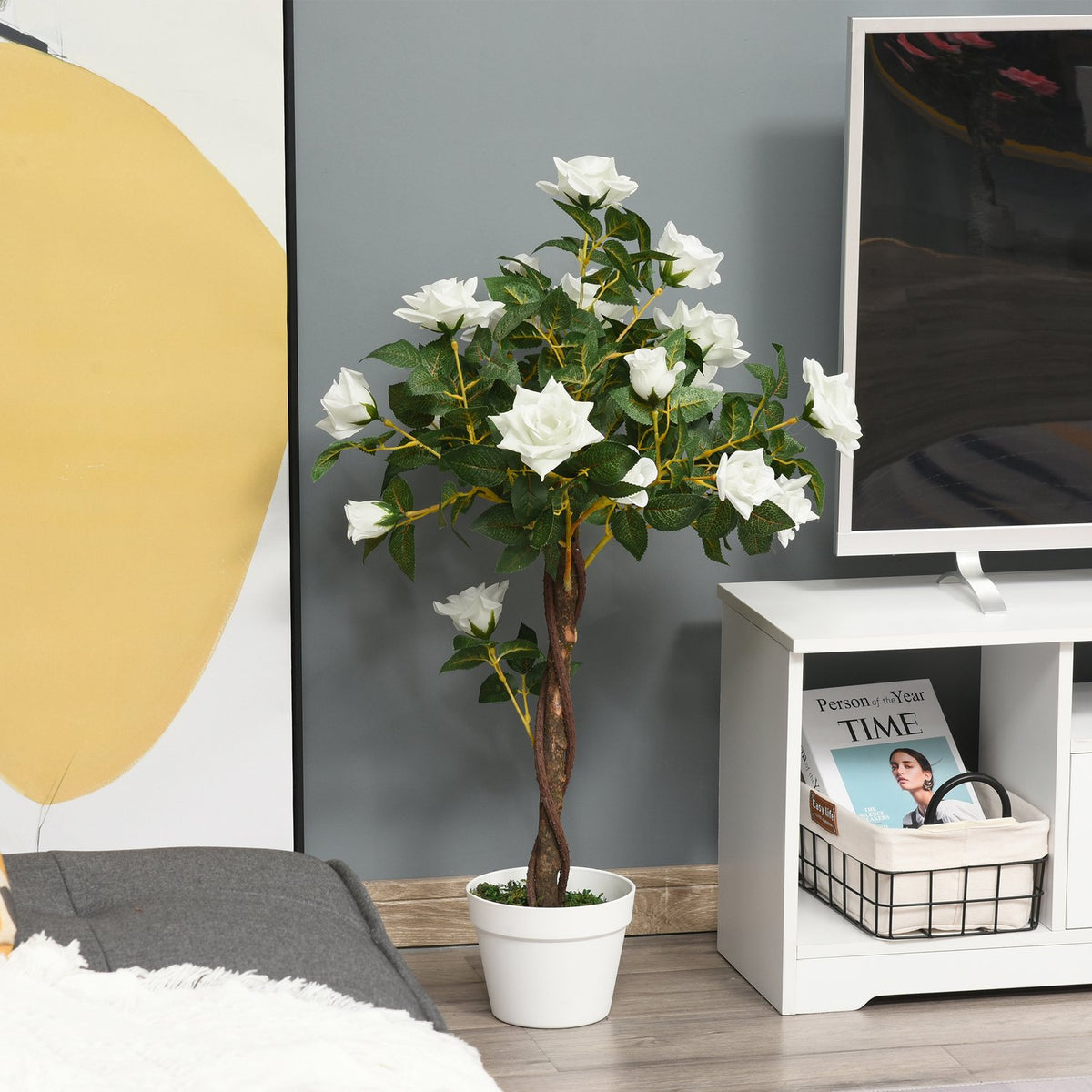 Artificial rose plants large 90 cm artificial plant, plastic artificial plants rose tree in pot, artificial tree like real for living room bedroom office garden modern decoration gift