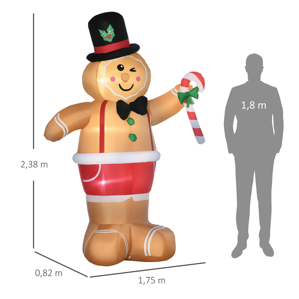 Automatic Inflatable Gingerbread Man 2.38M Christmas Decoration With Led Lights And Candy Cane Waterproof Brown