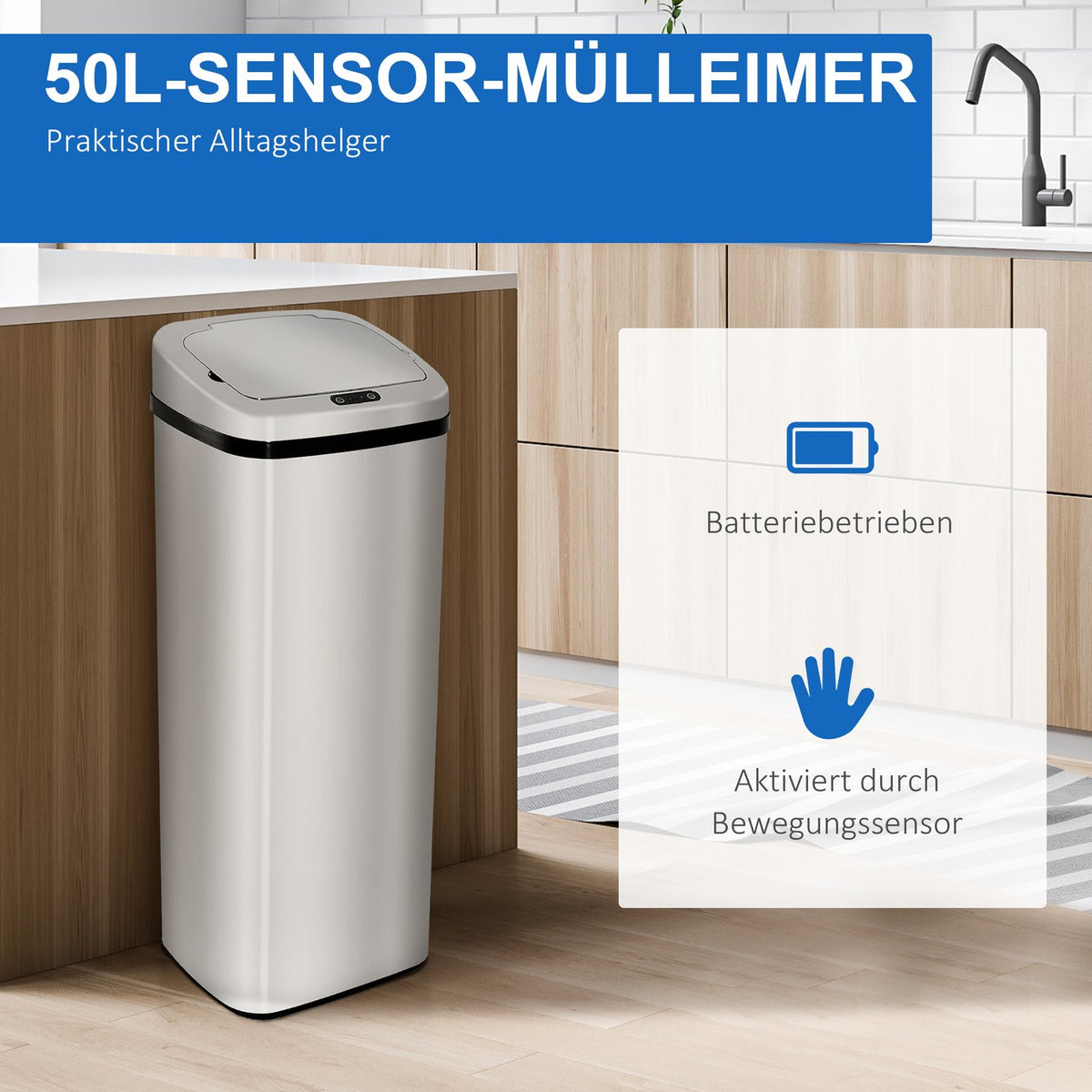 Automatic Rubbish Bin With Sensor Kitchen Stainless Steel 50/68L Silver (50L)