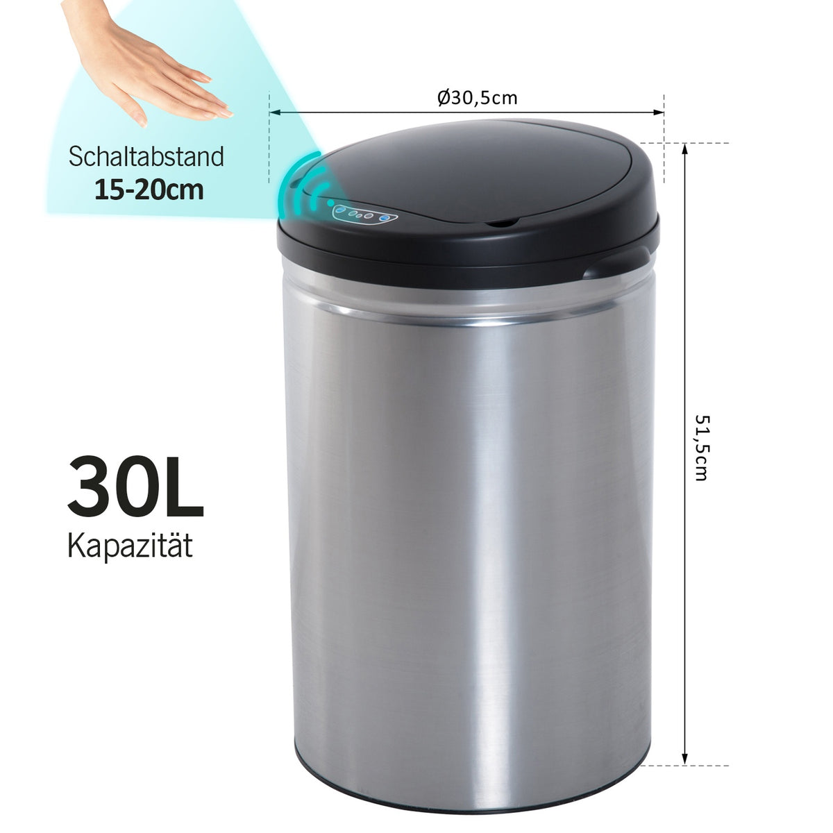 Automatic Sensor Rubbish Bin Ir Sensor, Round, 30L, Optional Inner Bin, Stainless Steel