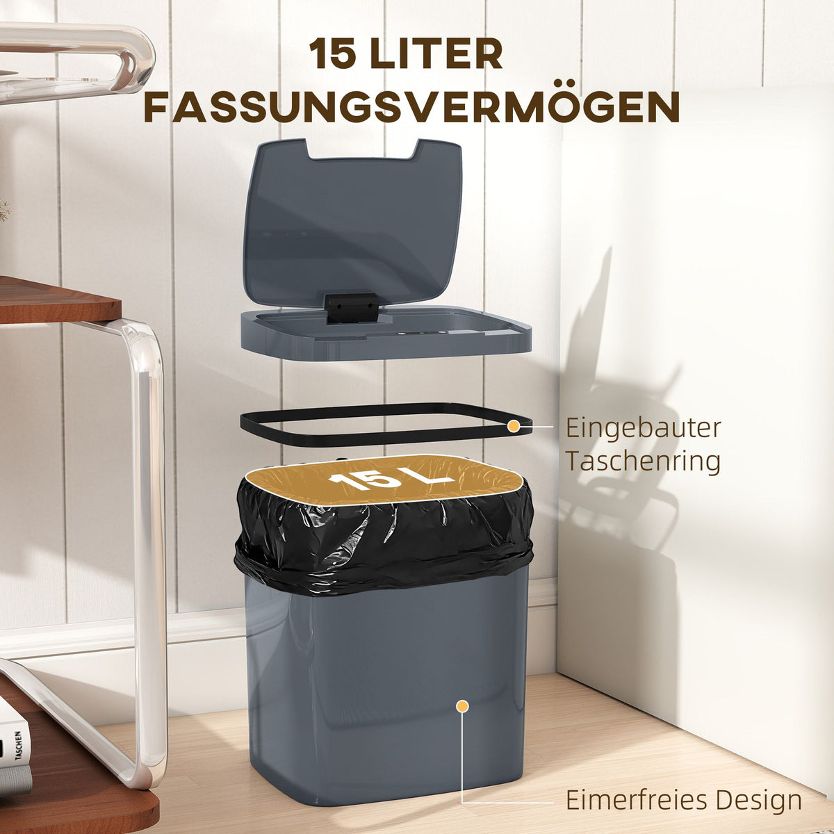 Automatic Sensor Trash Can, 15L, Touchless & Manual Modes