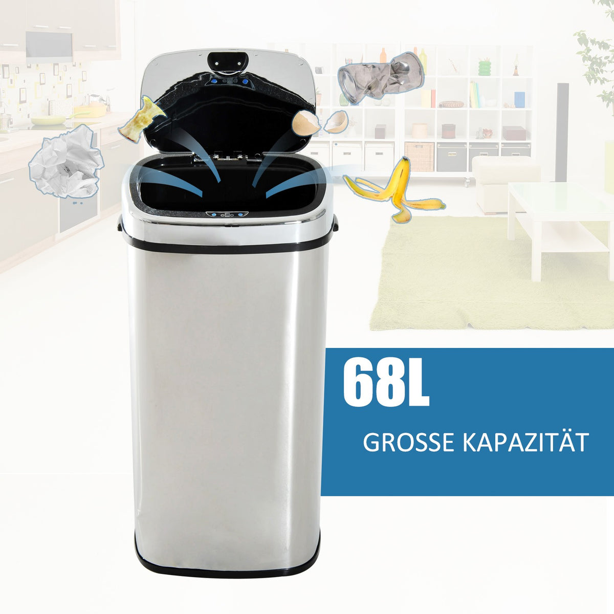 Automatic Waste Bin With Sensor, Kitchen, Stainless Steel, Silver, 68L